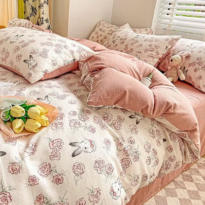 Floral pink & cream cotton flower printed comforter set bedroom bedding