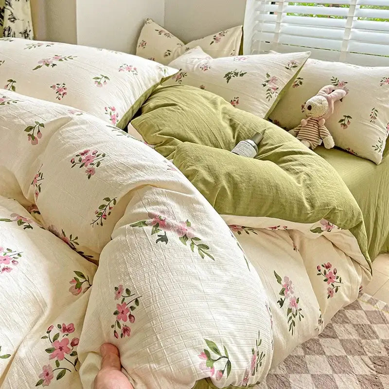 Floral pink & cream cotton flower printed comforter set bedroom bedding