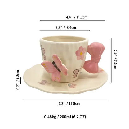 Floral pink & purple butterfly ceramic cup and saucer set dining room