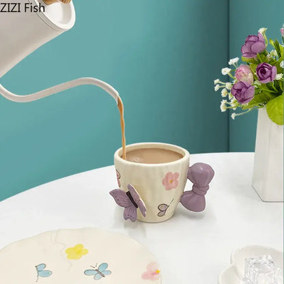Floral pink & purple butterfly ceramic cup and saucer set dining room
