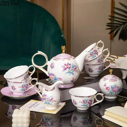 Floral pink & purple porcelain coffee mug set dining room gold trim