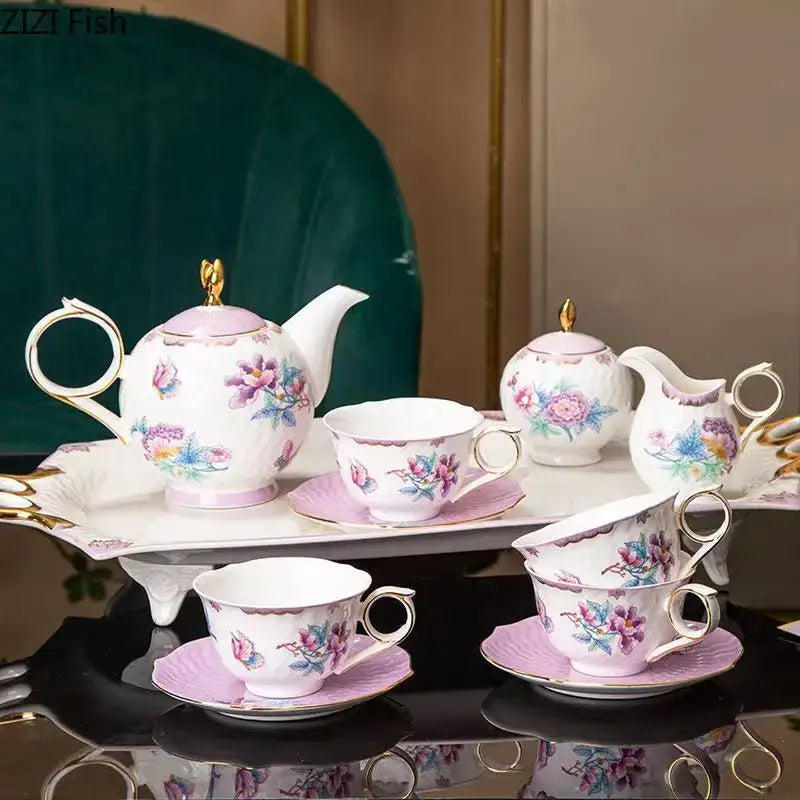Floral pink & purple porcelain coffee mug set dining room gold trim