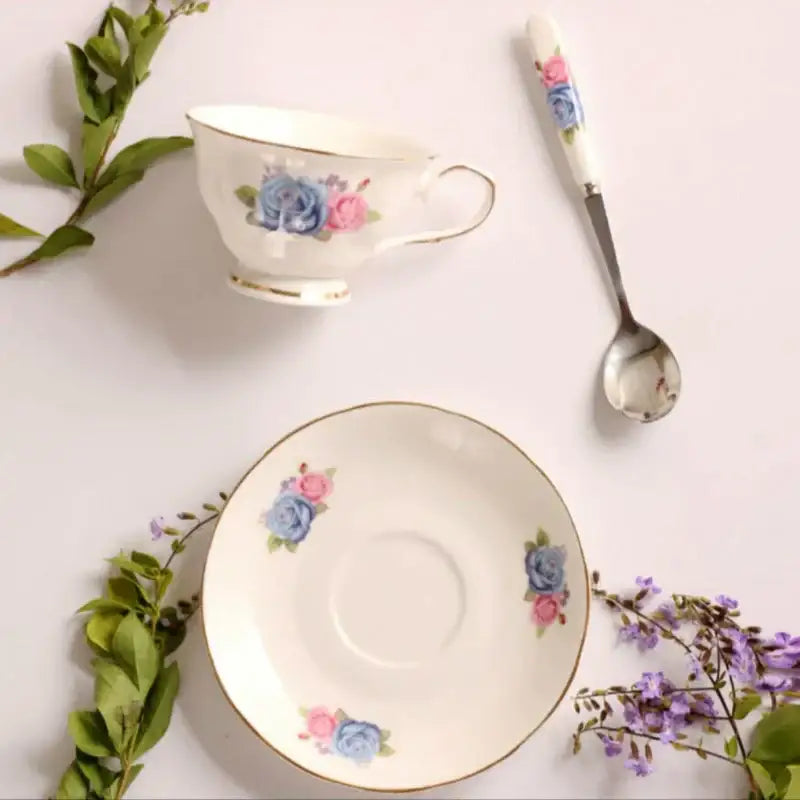 Floral pink & purple porcelain tea cup set – dining room coffeeware