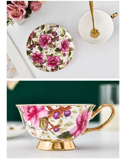 Floral pink & purple porcelain tea cup set – dining room coffeeware