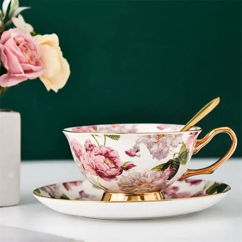 Floral pink & purple porcelain tea cup set – dining room coffeeware