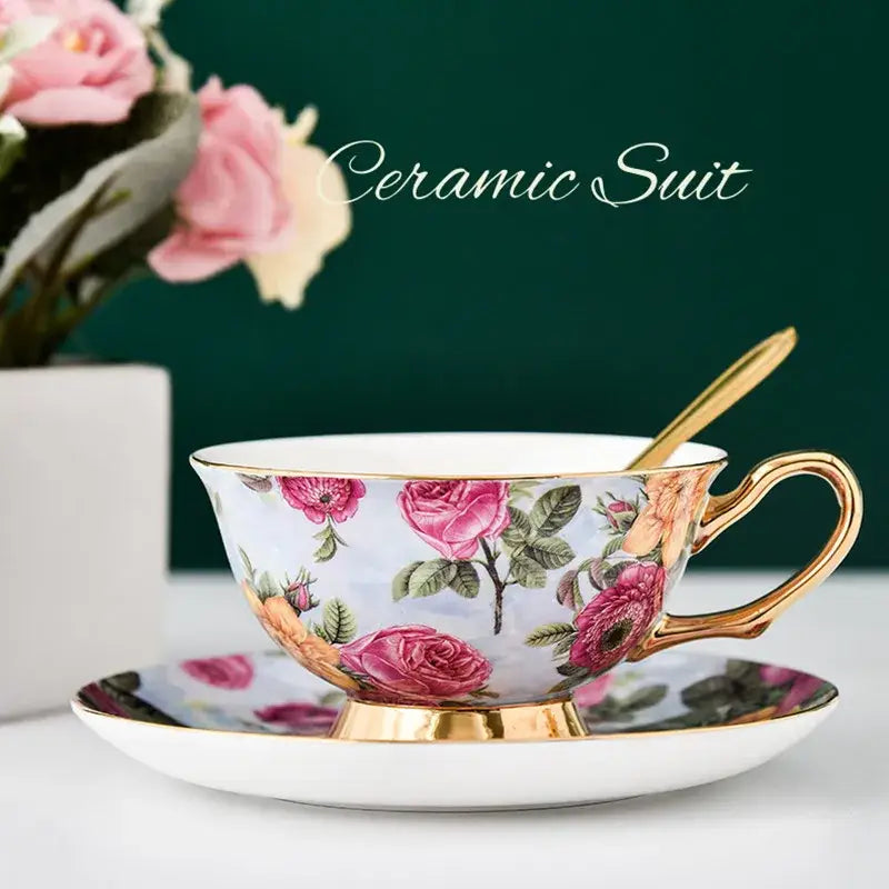 Floral pink & purple porcelain tea cup set – dining room coffeeware