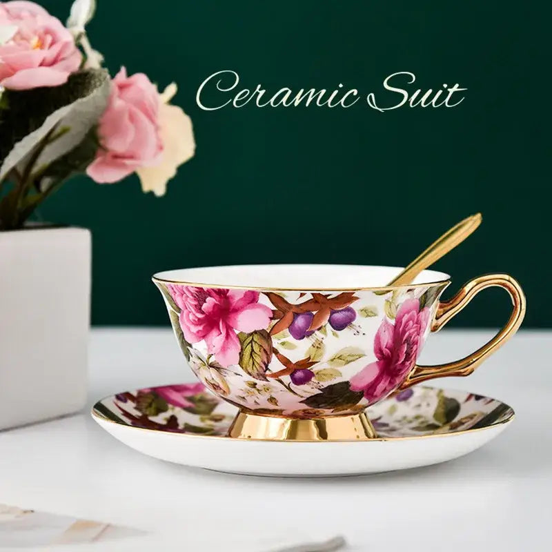 Floral pink & purple porcelain tea cup set – dining room coffeeware