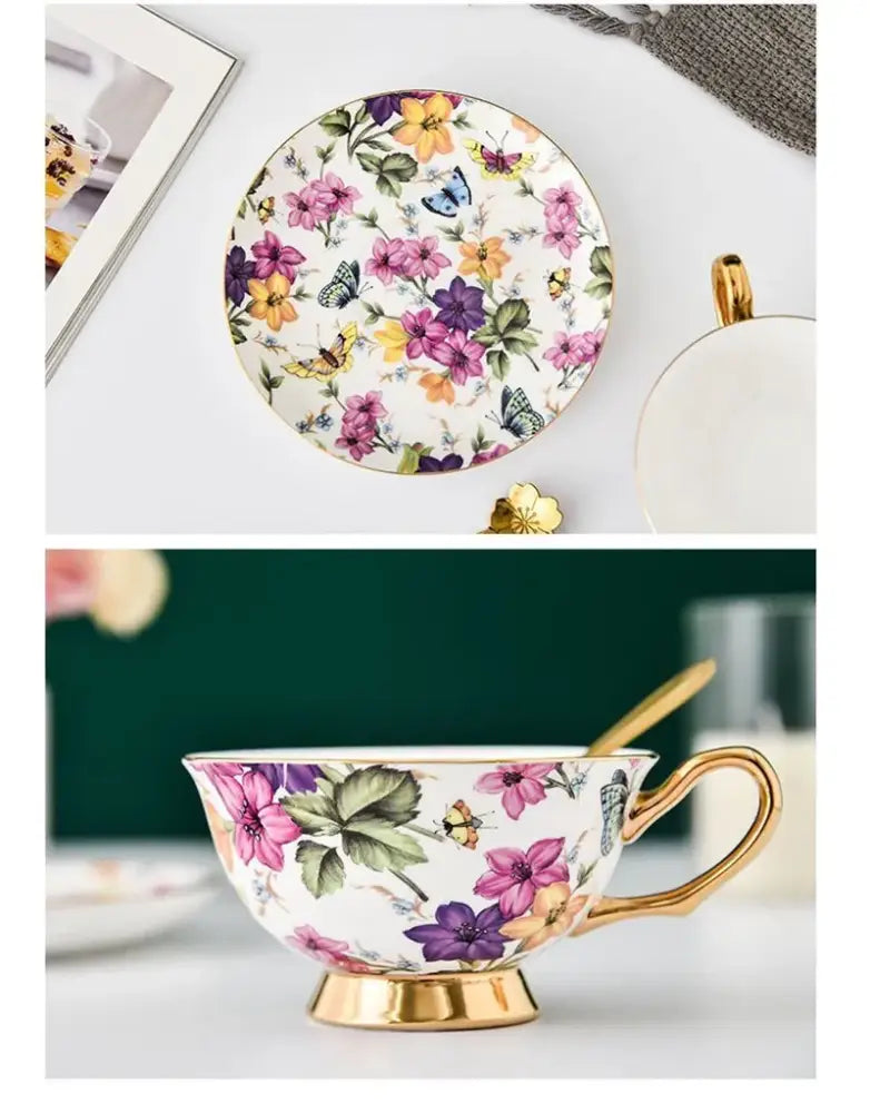 Floral pink & purple porcelain tea cup set – dining room coffeeware