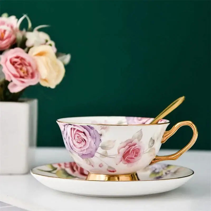 Floral pink & purple porcelain tea cup set – dining room coffeeware