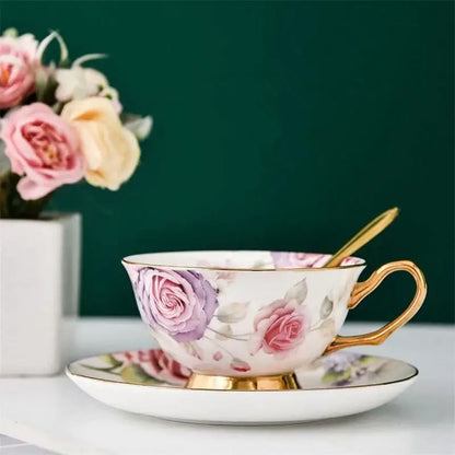 Floral pink & purple porcelain tea cup set – dining room coffeeware