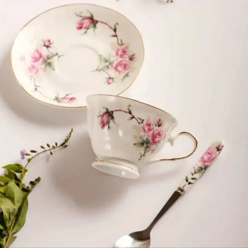 Floral pink & purple porcelain tea cup set – dining room coffeeware
