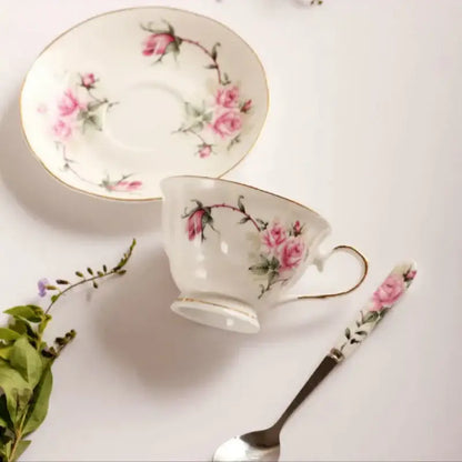 Floral pink & purple porcelain tea cup set – dining room coffeeware