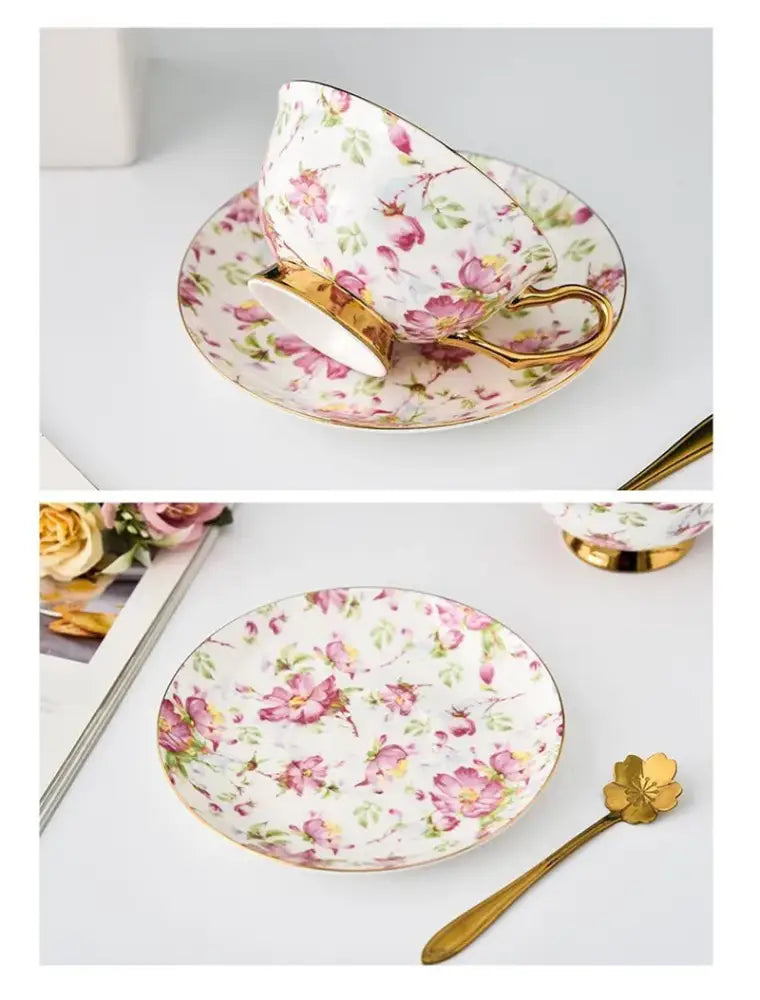 Floral pink & purple porcelain tea cup set – dining room coffeeware