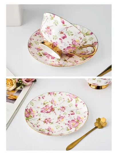 Floral pink & purple porcelain tea cup set – dining room coffeeware
