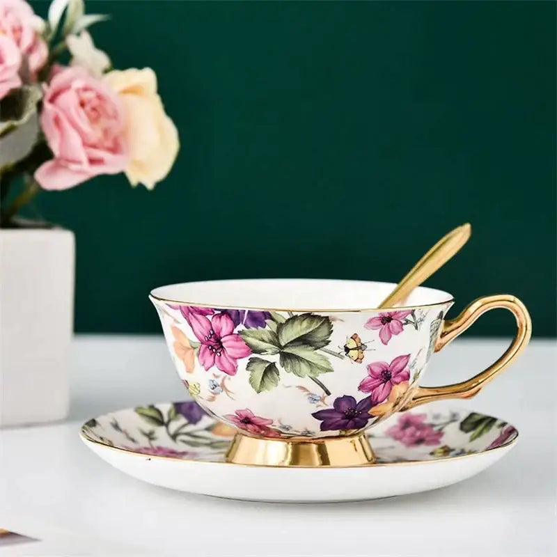 Floral pink & purple porcelain tea cup set – dining room coffeeware