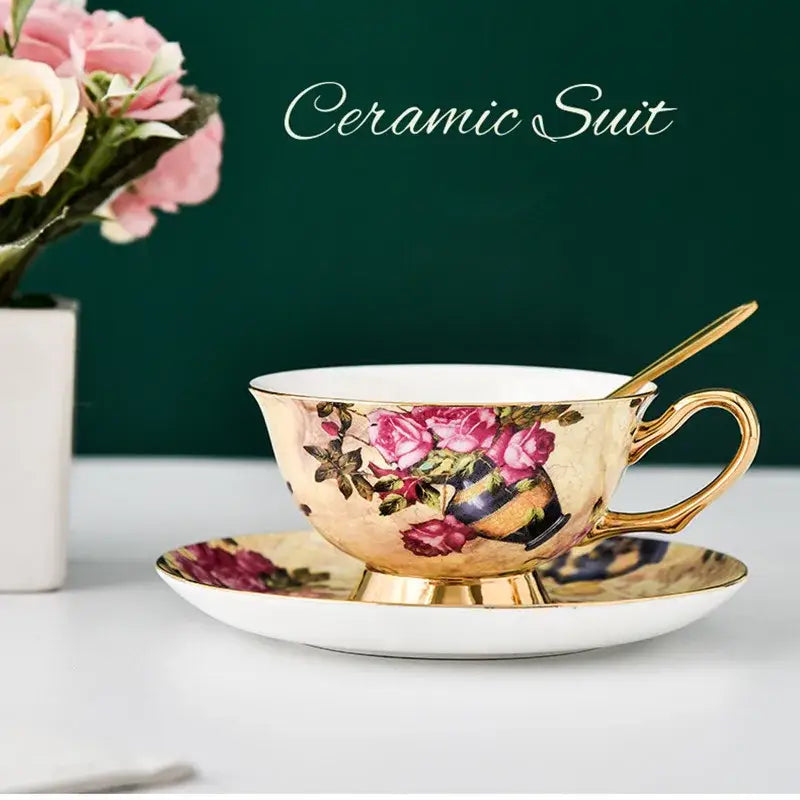 Floral pink & purple porcelain tea cup set – dining room coffeeware