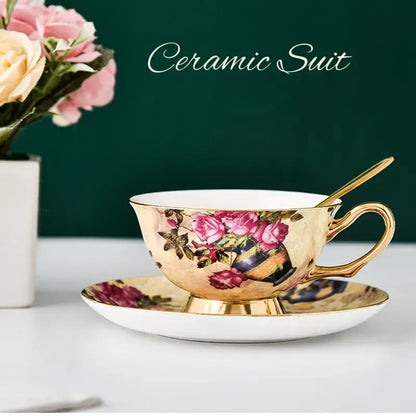 Floral pink & purple porcelain tea cup set – dining room coffeeware