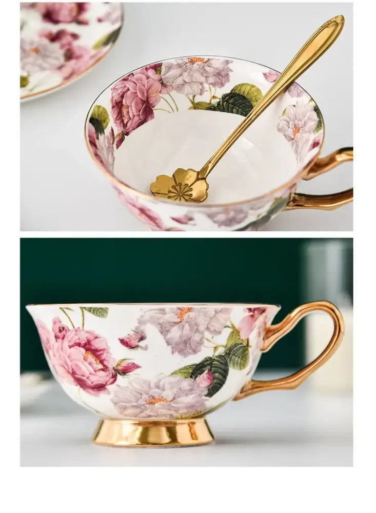 Floral pink & purple porcelain tea cup set – dining room coffeeware