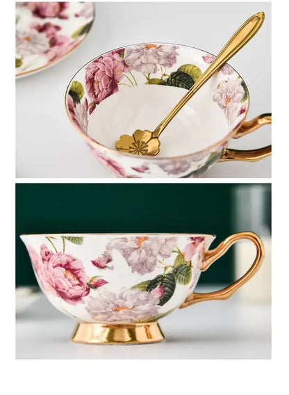 Floral pink & purple porcelain tea cup set – dining room coffeeware