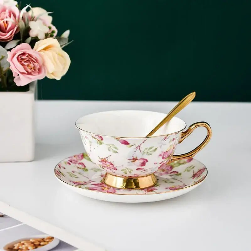 Floral pink & purple porcelain tea cup set – dining room coffeeware