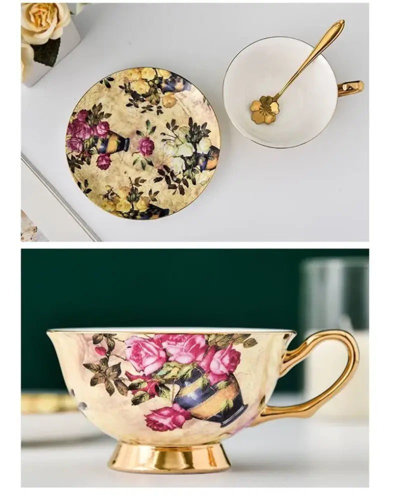 Floral pink & purple porcelain tea cup set – dining room coffeeware