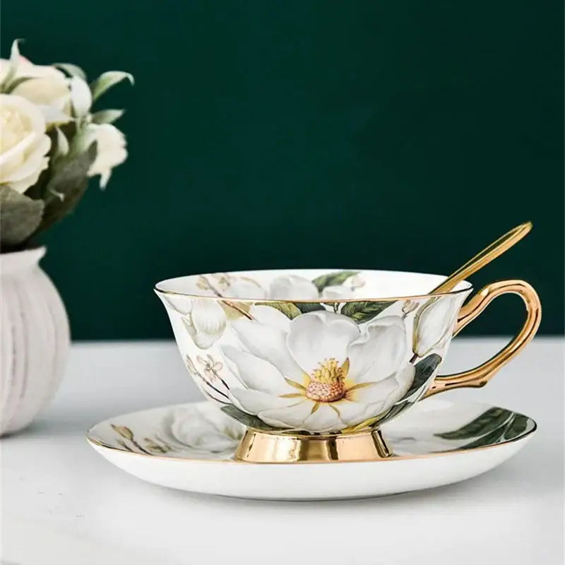 Floral pink & purple porcelain tea cup set – dining room coffeeware