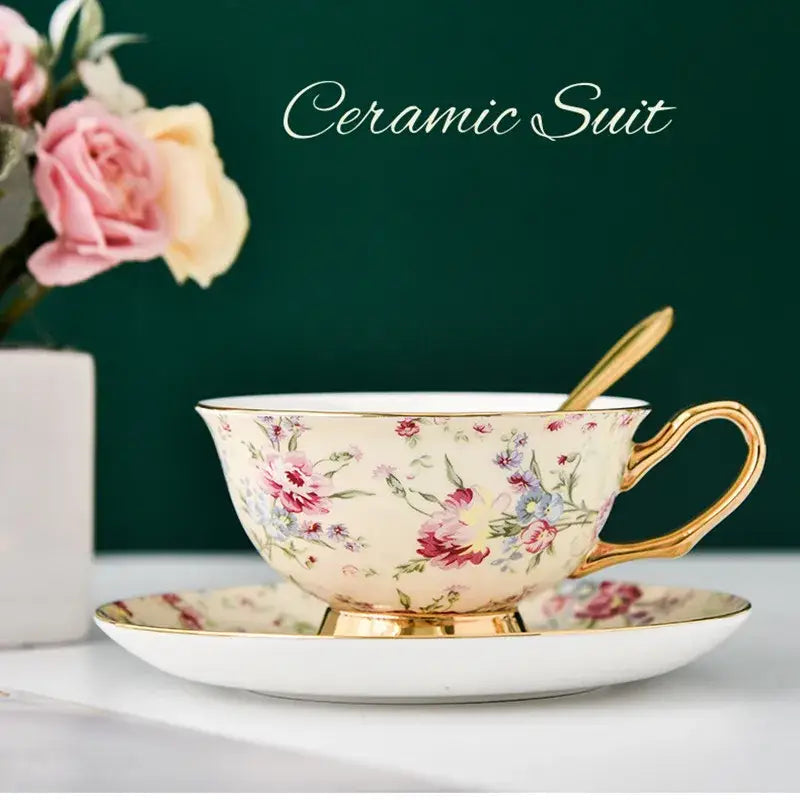 Floral pink & purple porcelain tea cup set – dining room coffeeware