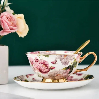 Floral pink & purple porcelain tea cup set – dining room coffeeware