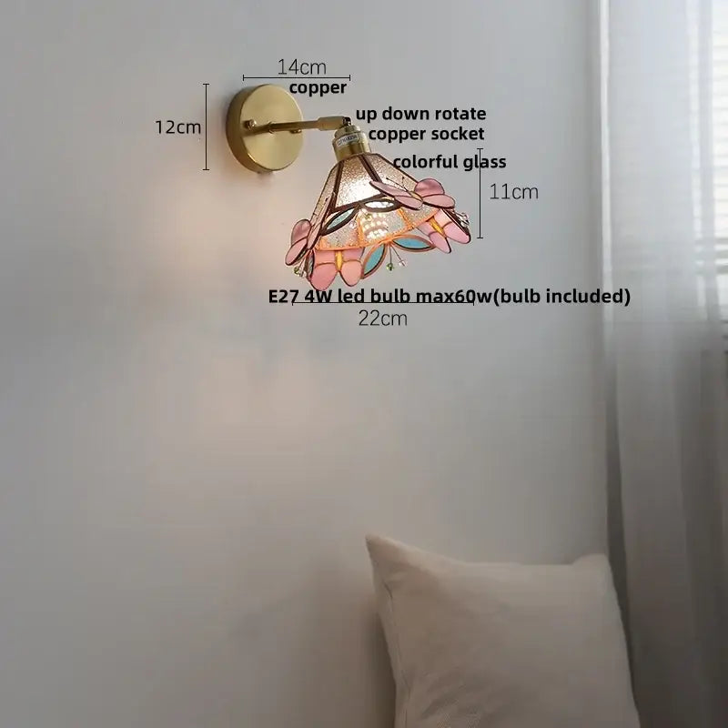 Floral pink & teal butterfly glass wall light bedroom