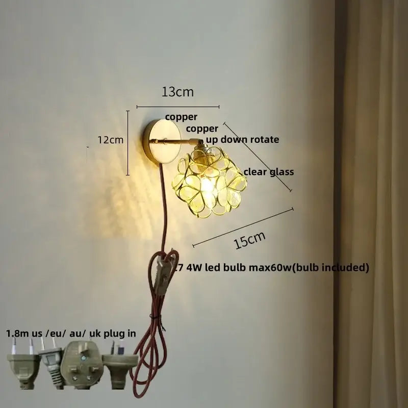 Floral pink & teal butterfly glass wall light bedroom