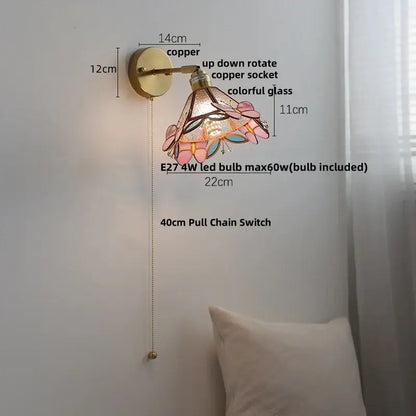 Floral pink & teal butterfly glass wall light bedroom