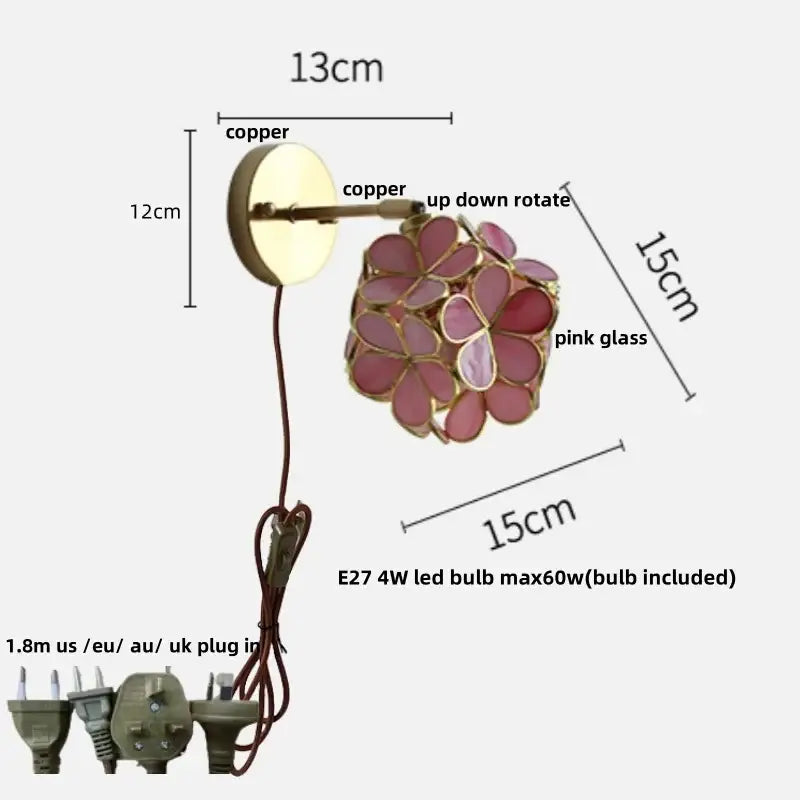 Floral pink & teal butterfly glass wall light bedroom