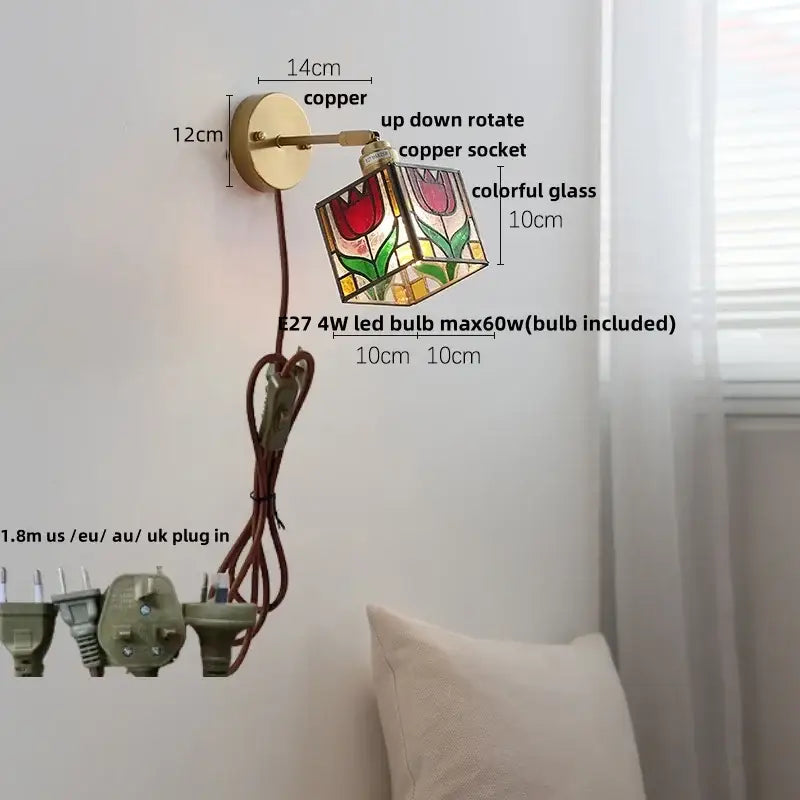 Floral pink & teal butterfly glass wall light bedroom