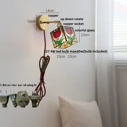 Floral pink & teal butterfly glass wall light bedroom