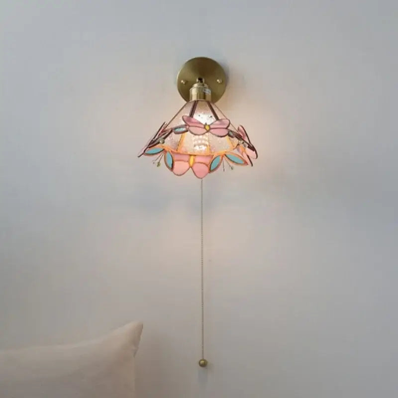 Floral pink & teal butterfly glass wall light bedroom