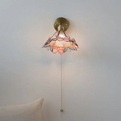 Floral pink & teal butterfly glass wall light bedroom