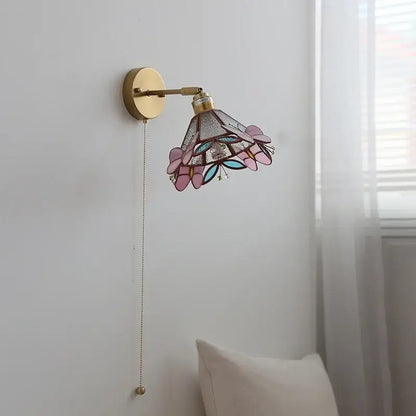 Floral pink & teal butterfly glass wall light bedroom