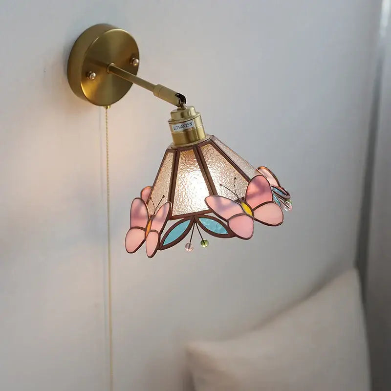 Floral pink & teal butterfly glass wall light bedroom