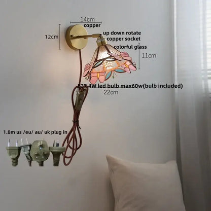 Floral pink & teal butterfly glass wall light bedroom