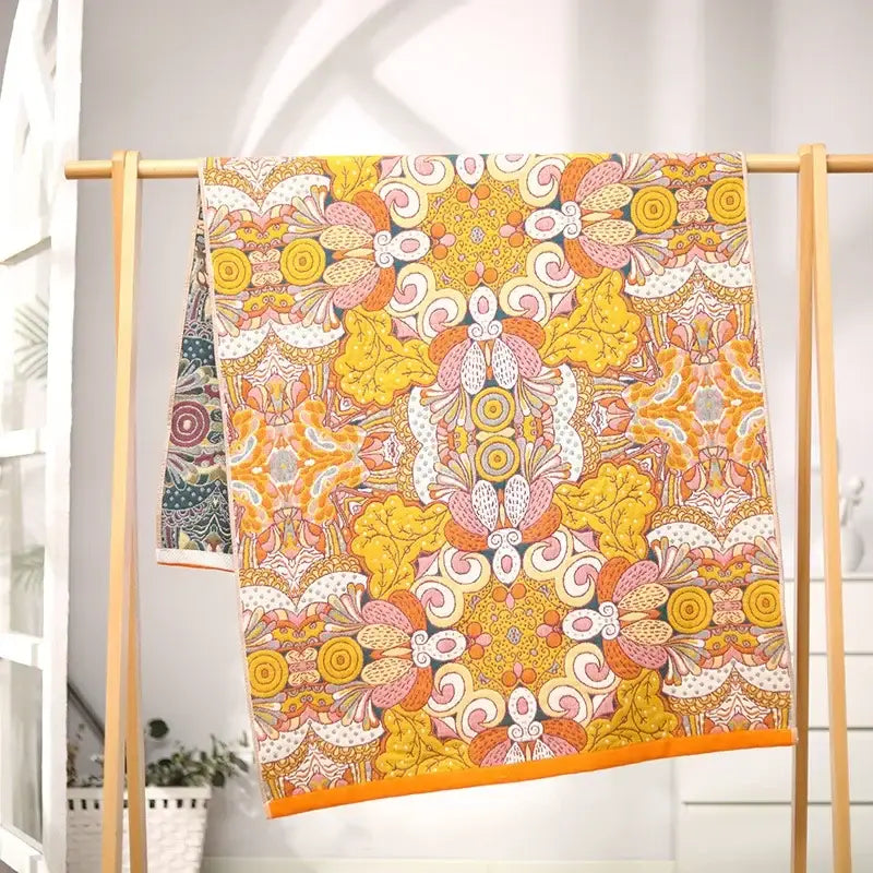 Floral pink & yellow cotton gauze bath towel bathroom decor