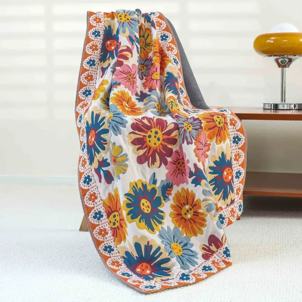 Floral pink & yellow cotton gauze bath towel bathroom decor