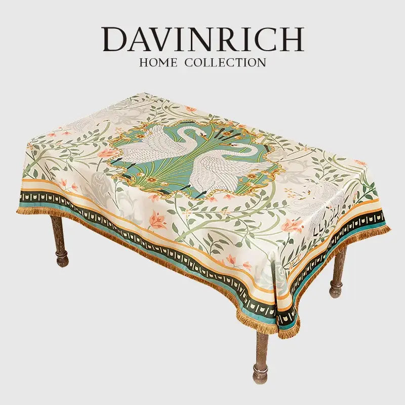 Floral print velvet tablecloth with tassels – dining room decor