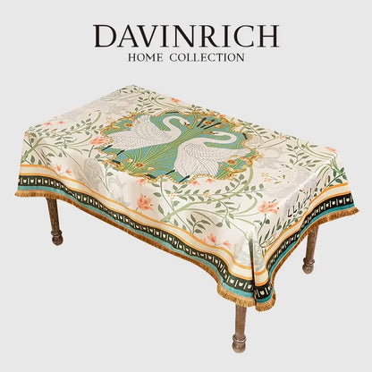 Floral print velvet tablecloth with tassels – dining room decor