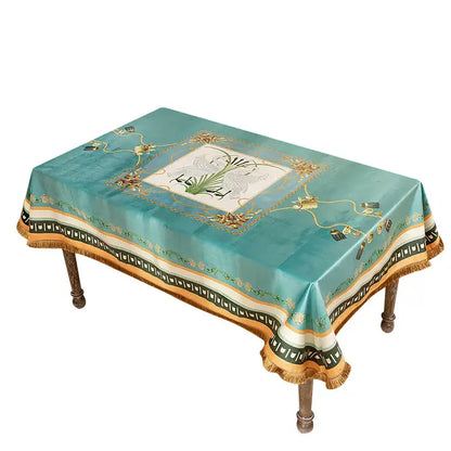 Floral print velvet tablecloth with tassels – dining room decor