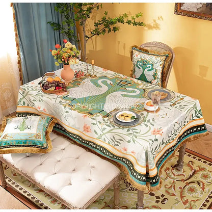 Floral print velvet tablecloth with tassels – dining room decor