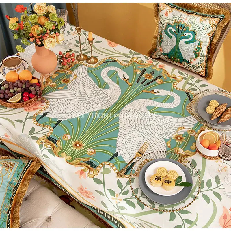 Floral print velvet tablecloth with tassels – dining room decor