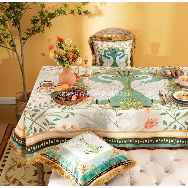 Floral print velvet tablecloth with tassels – dining room decor