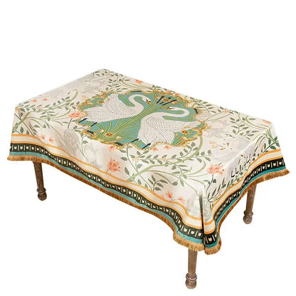 Floral print velvet tablecloth with tassels – dining room decor