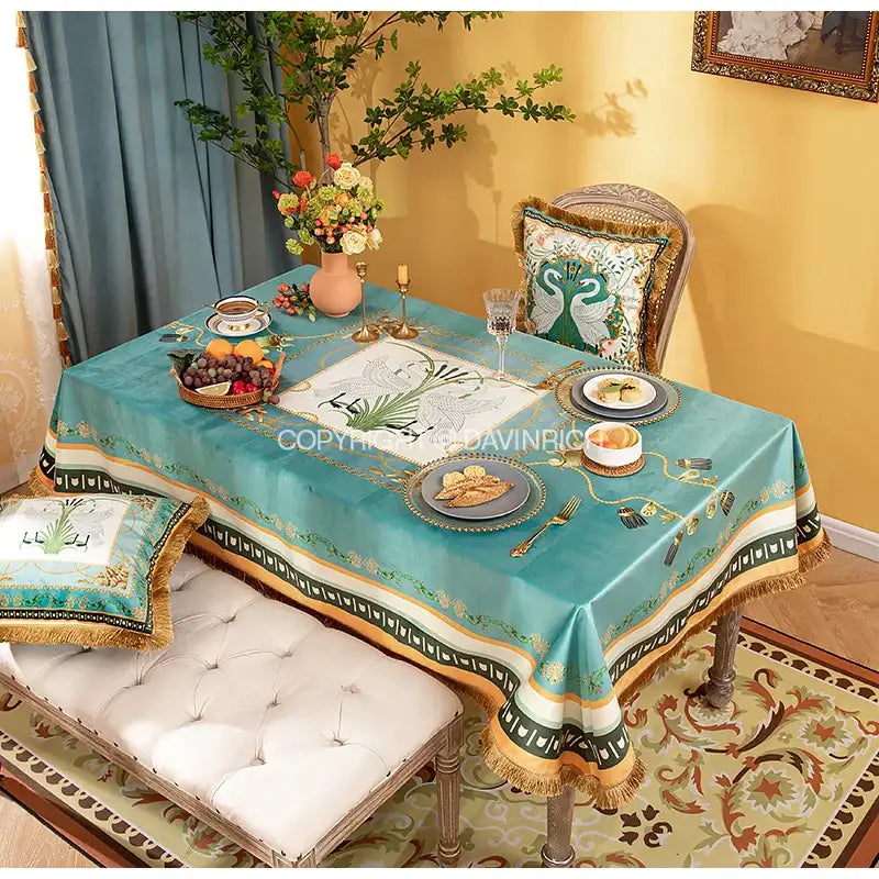 Floral print velvet tablecloth with tassels – dining room decor