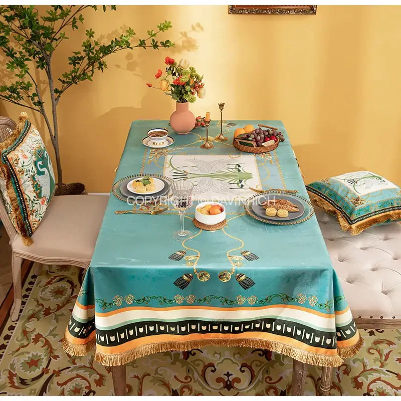 Floral print velvet tablecloth with tassels – dining room decor